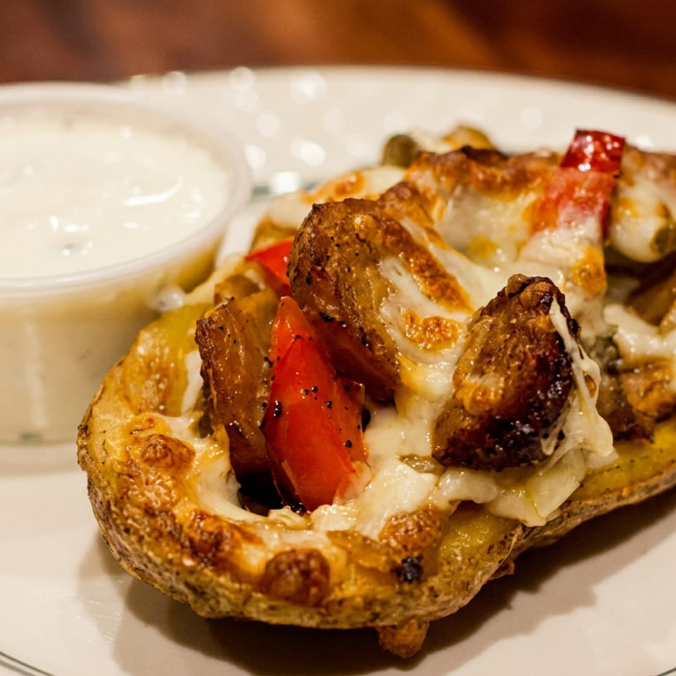 Loaded baked potato topped with melted cheese, grilled meat, peppers, and onions, served with a cup of creamy sauce.