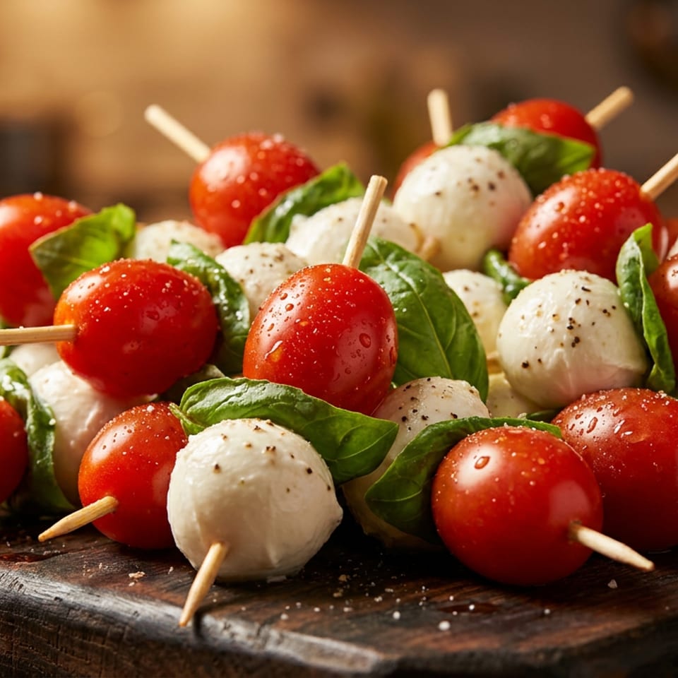 Caprese skewers with cherry tomatoes, mozzarella balls, and fresh basil arranged on a rustic wooden board.