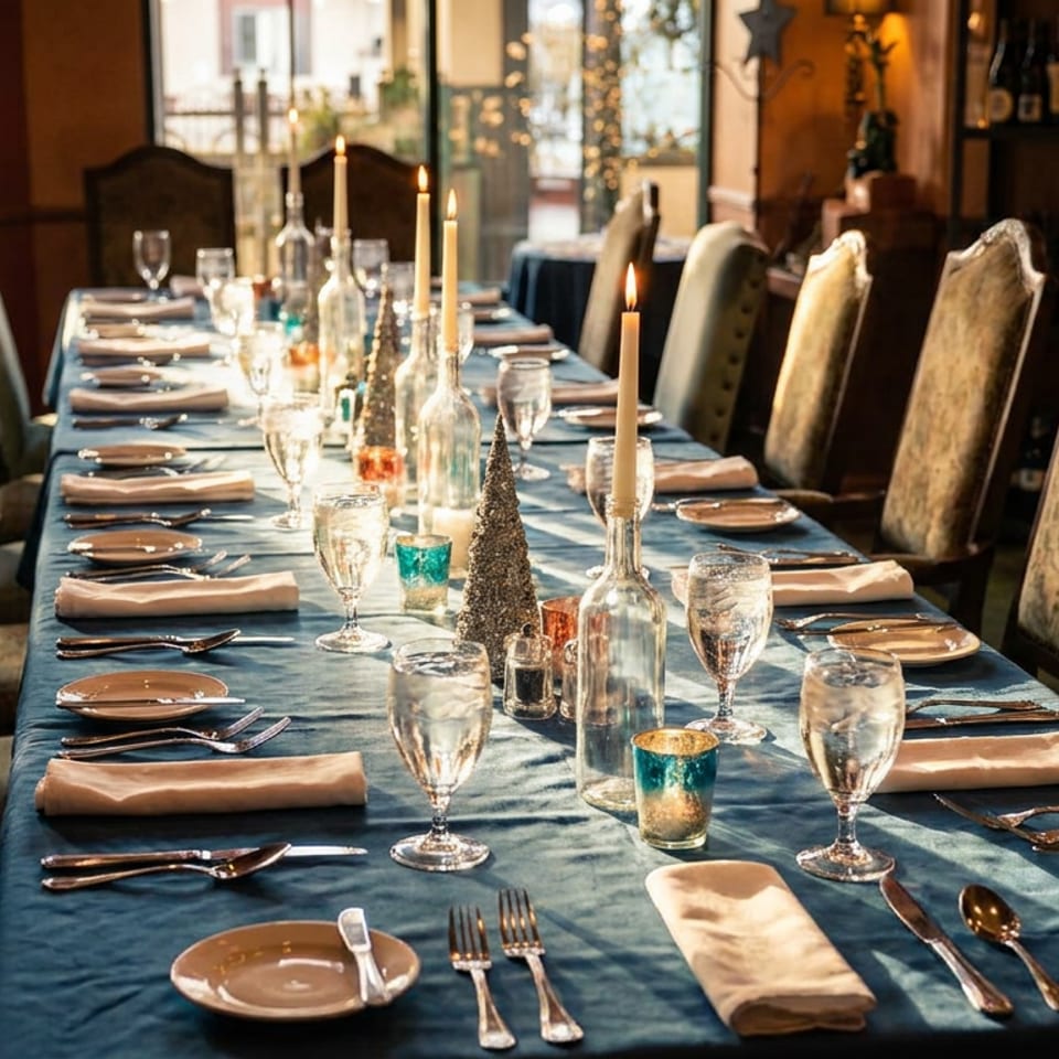 Elegant restaurant dining table set with blue linens, white napkins, glassware, candles, and upholstered chairs in warm sunlight.