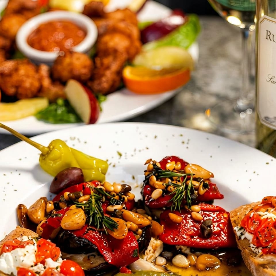 Mediterranean appetizer platter with roasted peppers, bruschetta, nuts, and herbs beside a bottle of Rutherford Hill Sauvignon Blanc.