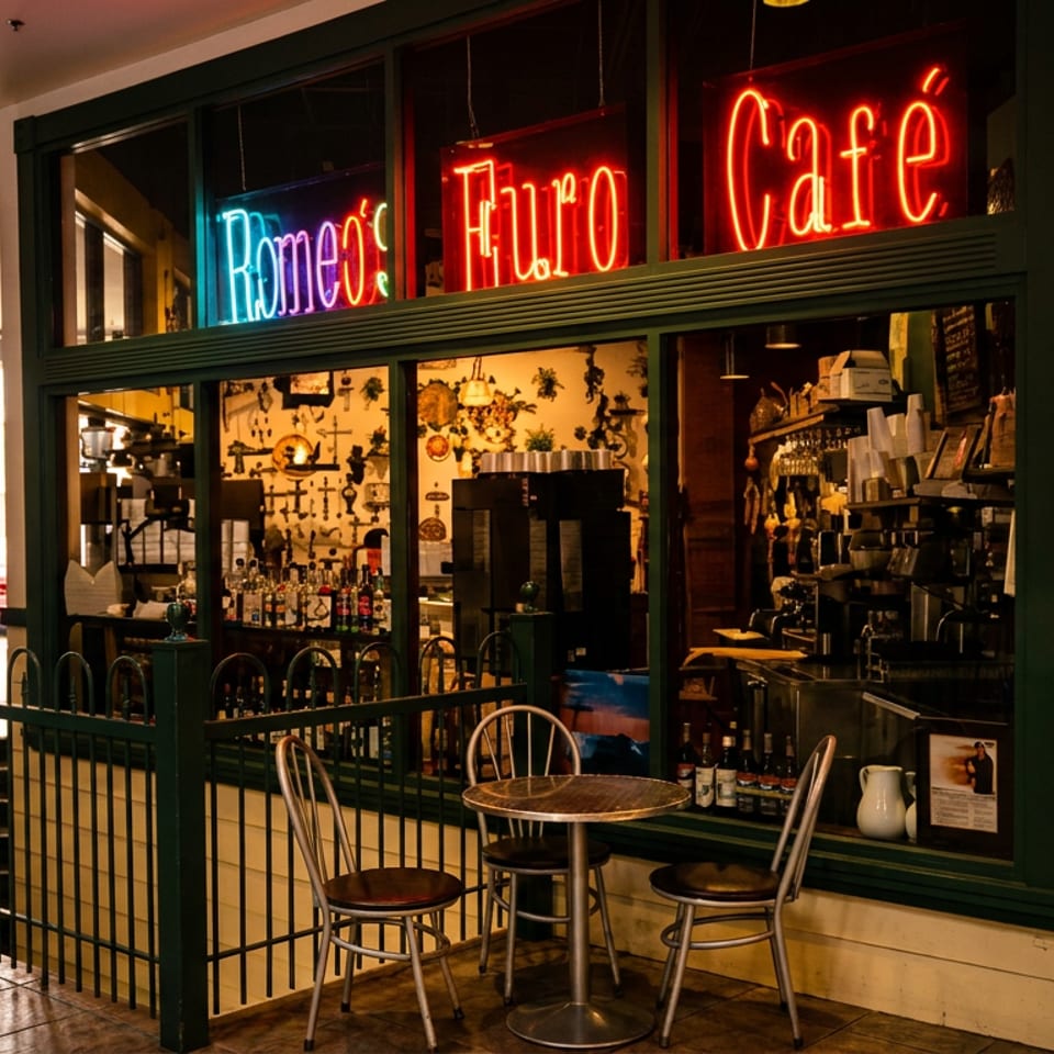 Romeo’s Euro Café storefront with glowing neon signage, visible coffee bar, and outdoor café table with chairs.