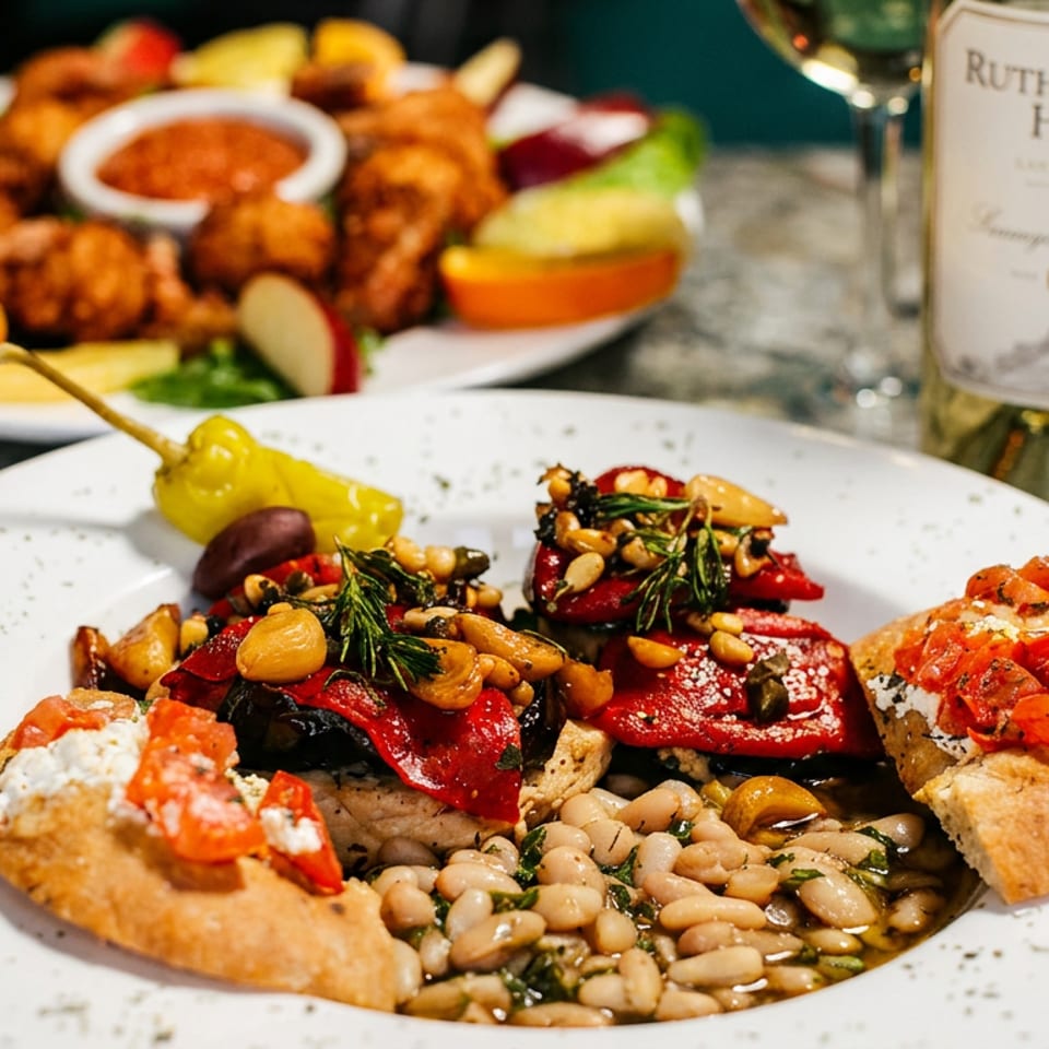 Mediterranean appetizer platter with roasted peppers, white beans, bruschetta, and nuts, served beside fried appetizers and Rutherford Hill wine.