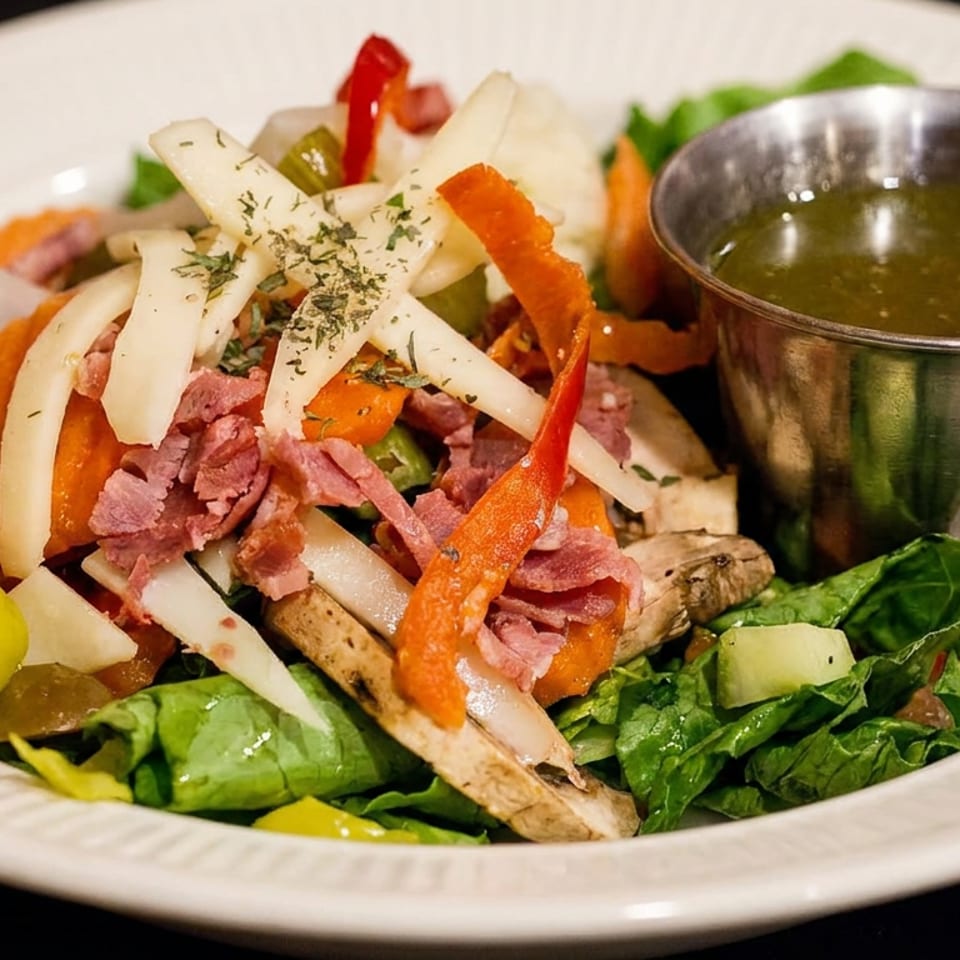 Colorful salad with leafy greens, sliced vegetables, ham, mushrooms, and dressing served in a metal cup.