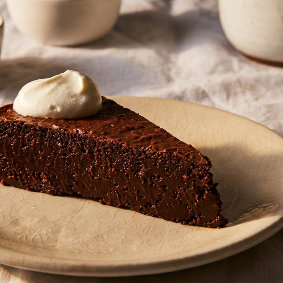 Slice of rich chocolate cake topped with whipped cream on a ceramic plate, surrounded by coffee cups and forks.
