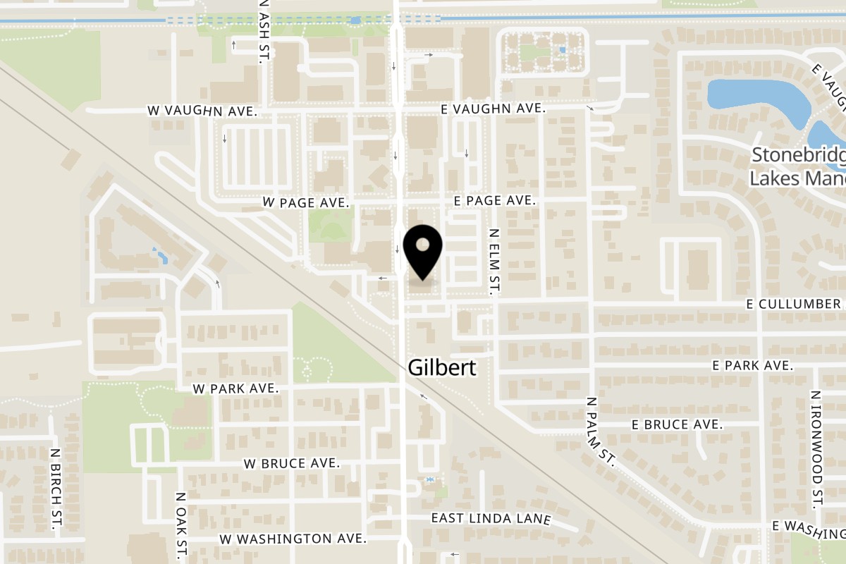 Map showing the location of Romeo's Euro Café on 207 N Gilbert Rd Ste 105 in Gilbert